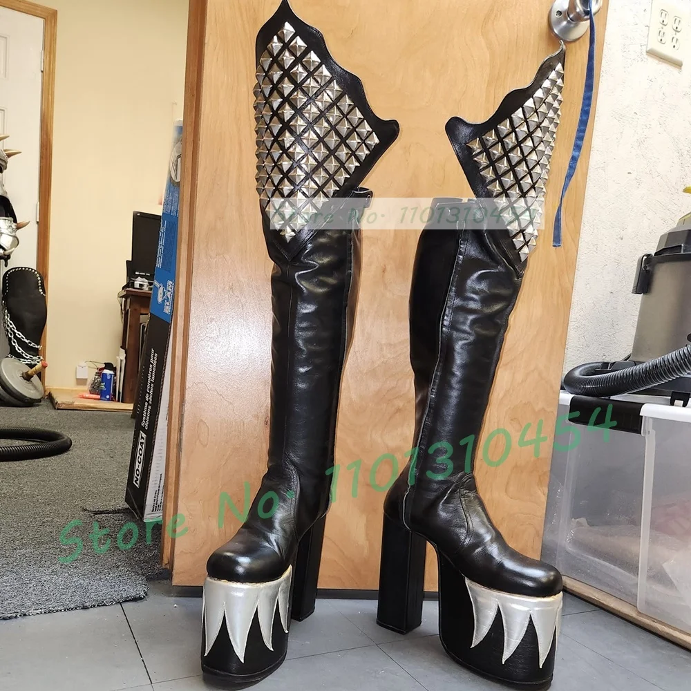 Cosplay Flame Prop - รองเท้าบู๊ตทรงสูงถึงเข่าสีดำสำหรับผู้หญิงรองเท้าบูทสำหรับนักขี่จักรยานคอสเพลย์สีเงินสุดเก๋สุดเซ็กซี่สำหรับผู้ชาย
